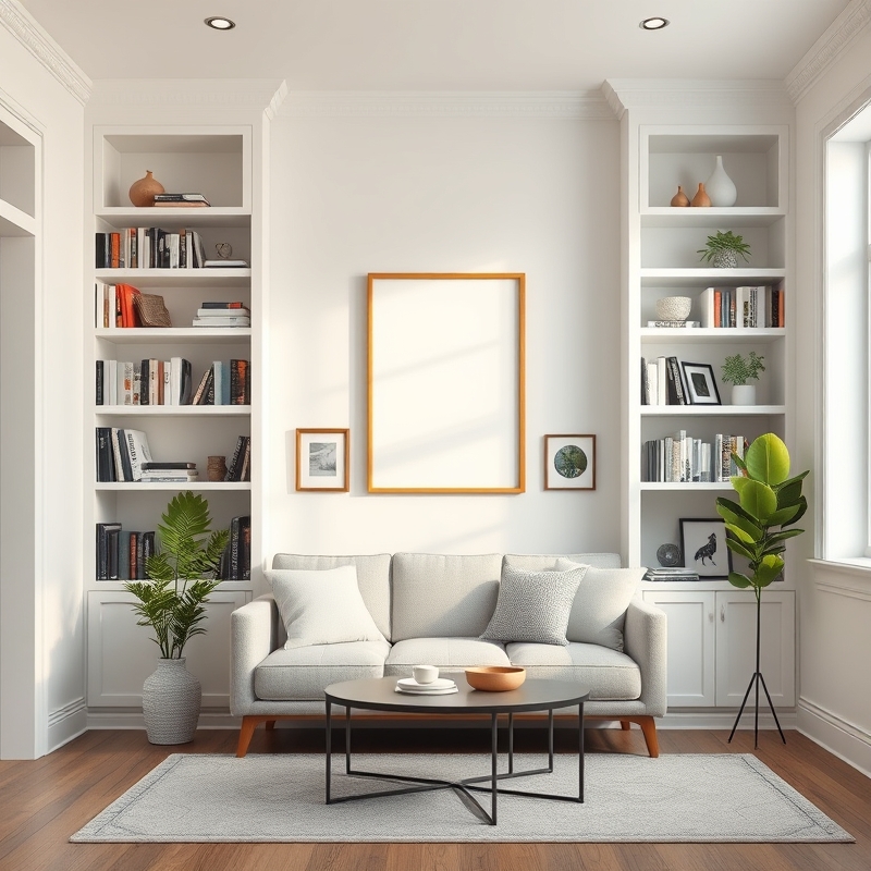 Custom white built-in shelves framing sofa with curated book and decor display