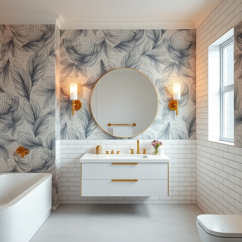 Modern bathroom with patterned wallpaper and marble vanity