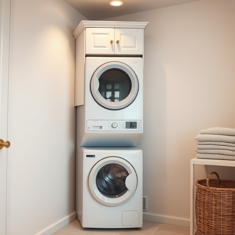 Compact stacked washer and dryer unit with storage shelf above