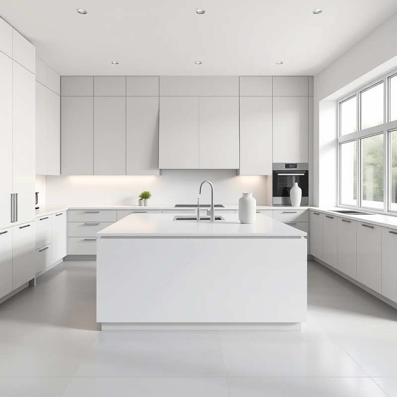 Clean white minimalist island with integrated cabinet drawers and seamless handles