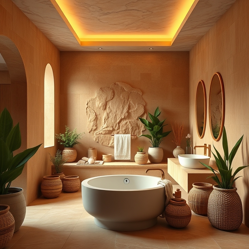 Serene bathroom with natural textures and warm tones