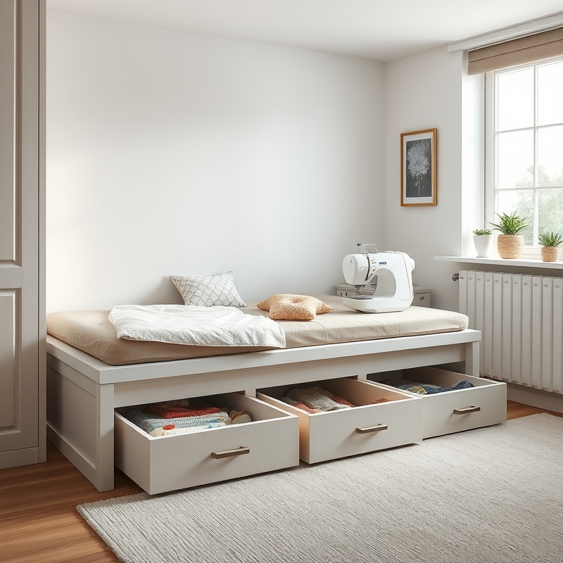 Low platform bed with rolling drawers storing fabric and supplies underneath