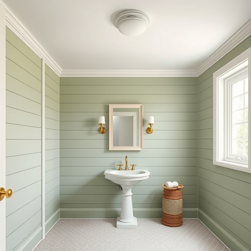 Bathroom walls covered with sage green painted shiplap boards