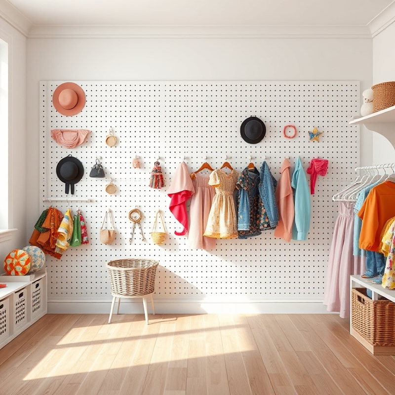 Painted pegboard wall displaying dress-up costumes and accessories