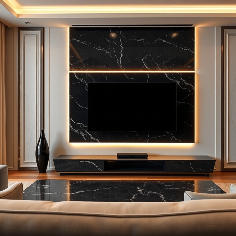 Television with illuminated black onyx stone panel backdrop