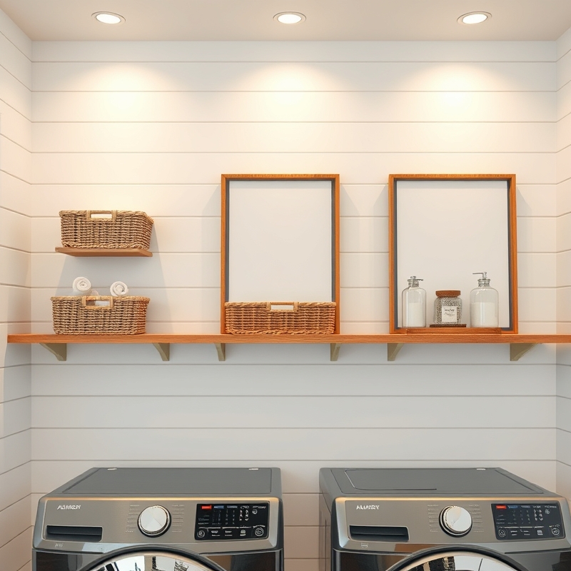 Three wooden shelves holding woven baskets and labeled containers