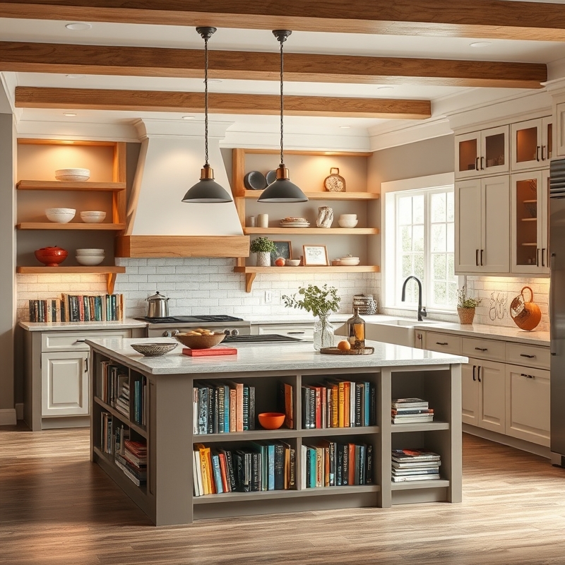Island with built-in bookshelf displaying cookbooks and culinary decorative items