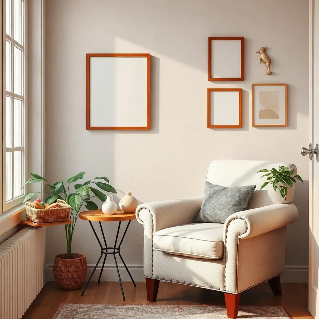 Upholstered accent chair in soft cream linen positioned in sewing room corner