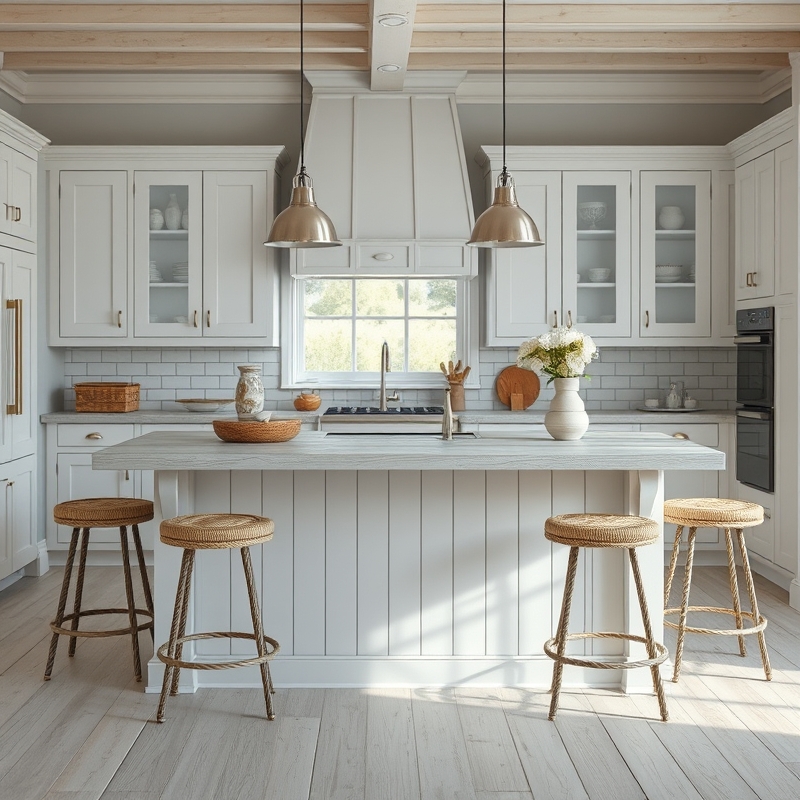 White shiplap island with weathered wood accents and rope details