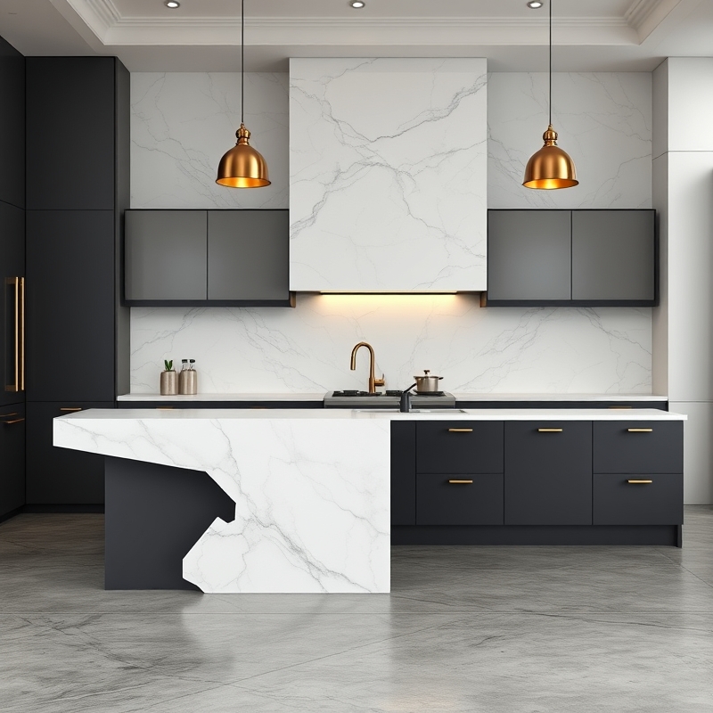Luxury kitchen island with white marble waterfall edge and brass hardware