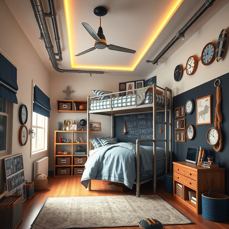 Modern boys bedroom with industrial shelving and themed decor