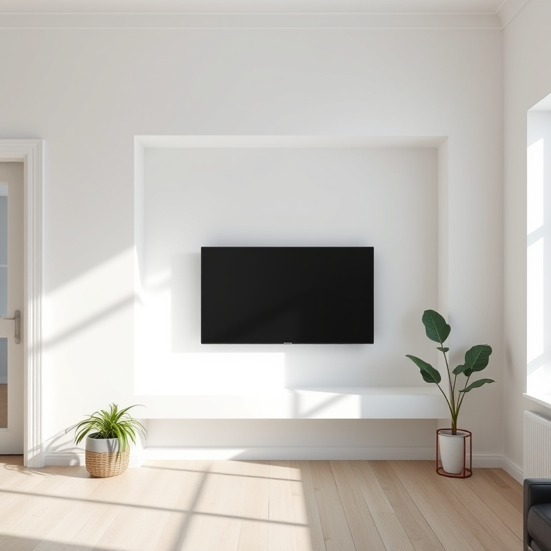 Television recessed in simple white wall opening with clean edges