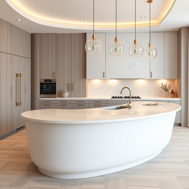 Gently curved island with polished quartz countertop and sculptural form