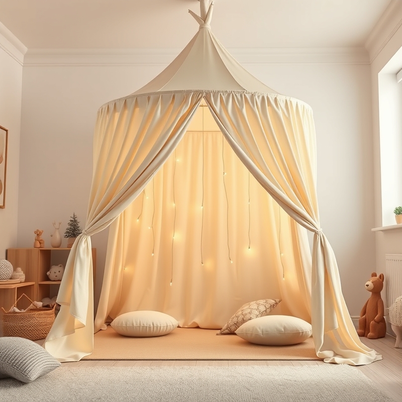 Fabric canopy tent with warm string lights inside playroom