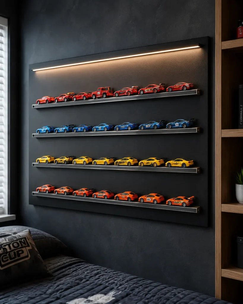 Wall-mounted toy car display in a modern boys bedroom with colorful Hot Wheels arranged on steel tracks under warm LED lighting.