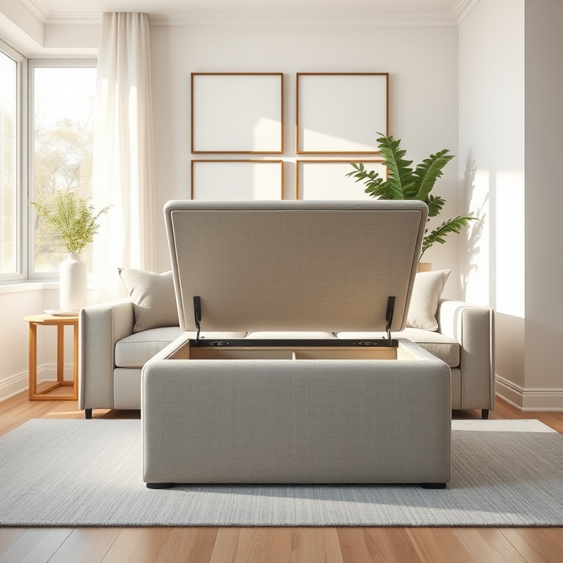 Upholstered ottoman with lift-top storage in neutral linen fabric
