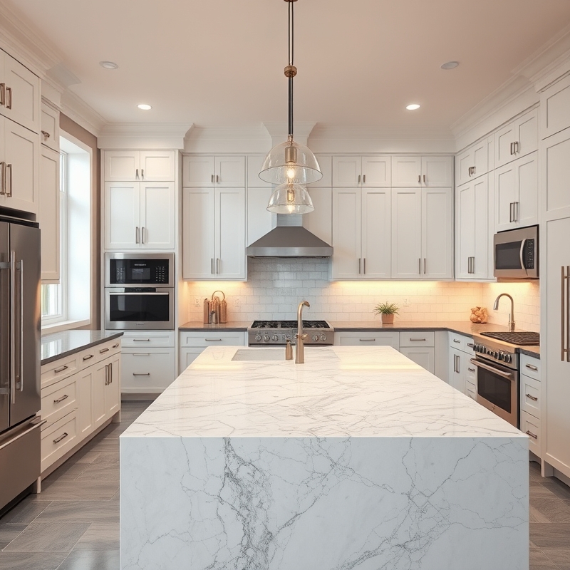 Modern kitchen with stylish waterfall marble island