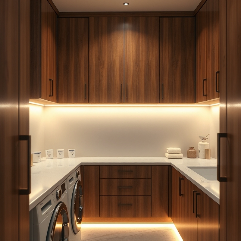 Warm white LED strip lights glowing under wooden cabinets