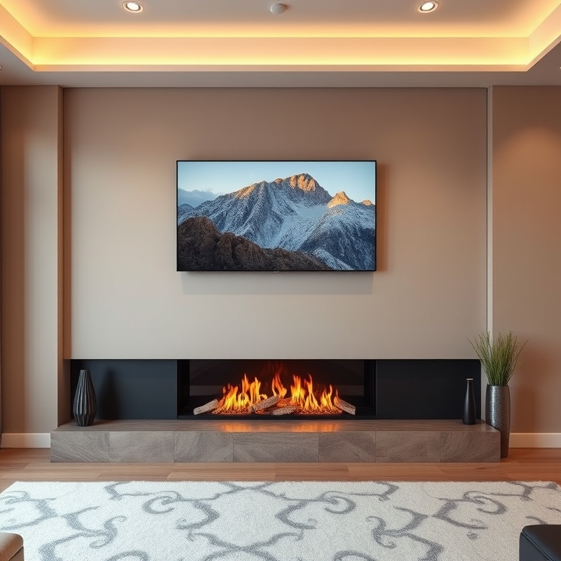 TV in artwork display mode above modern gas fireplace
