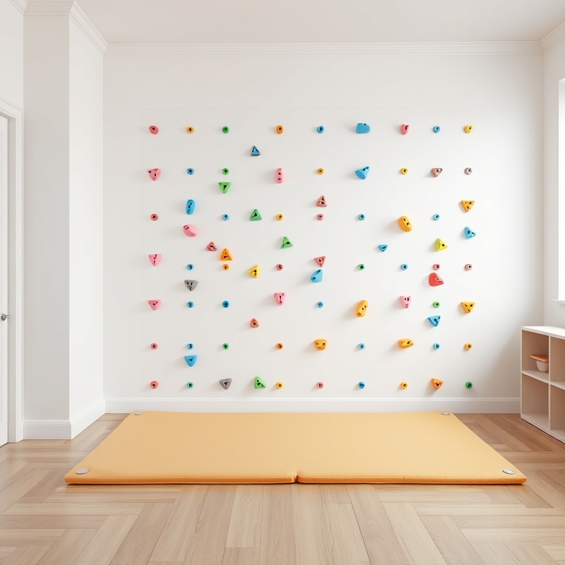 Colorful wall-mounted climbing holds on playroom wall