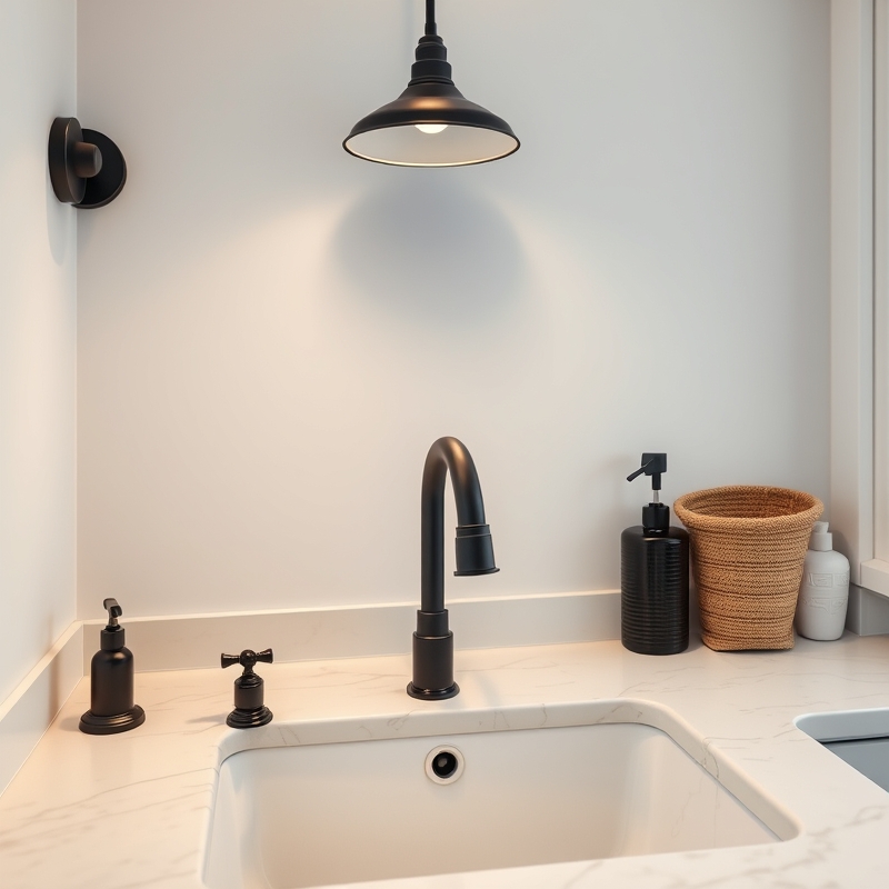 Matte black spray-painted faucet and light fixture