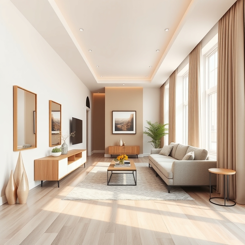 Long narrow living room styled with strategic furniture placement