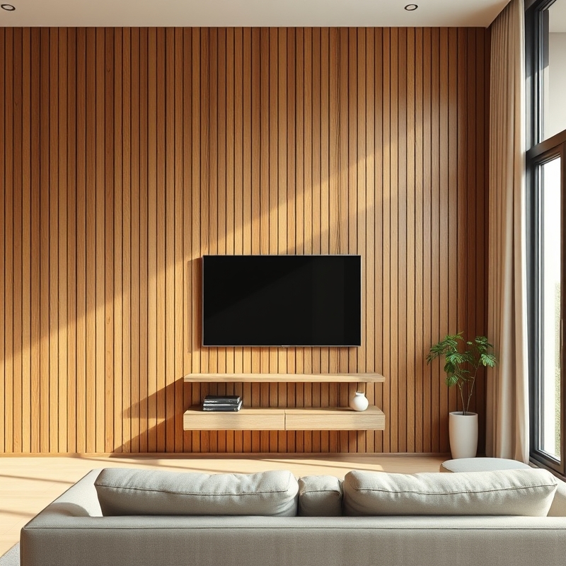 Floor-to-ceiling wood slat accent wall with mounted television