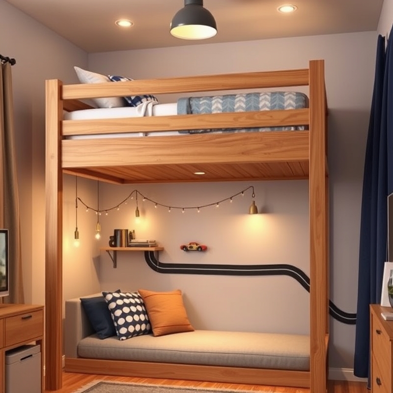 Elevated bed with cozy reading space below