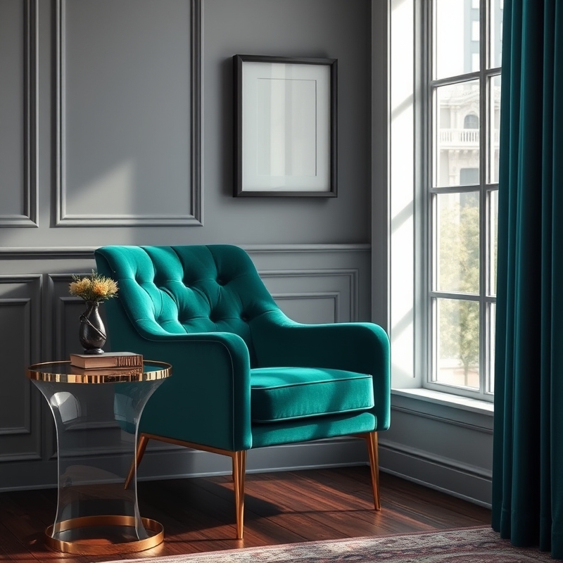 Deep emerald velvet accent chair with brass legs in small living room