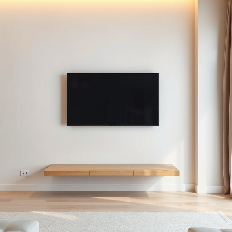 Minimalist wall-mounted bench beneath wall-mounted television