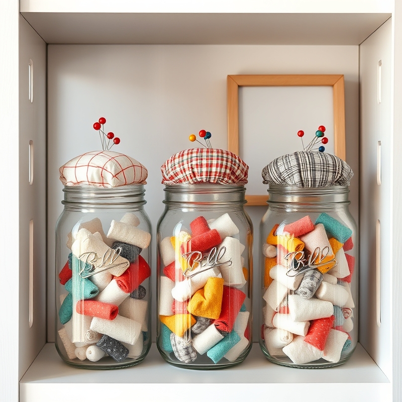 Glass mason jars filled with fabric scraps topped with sewn pincushions