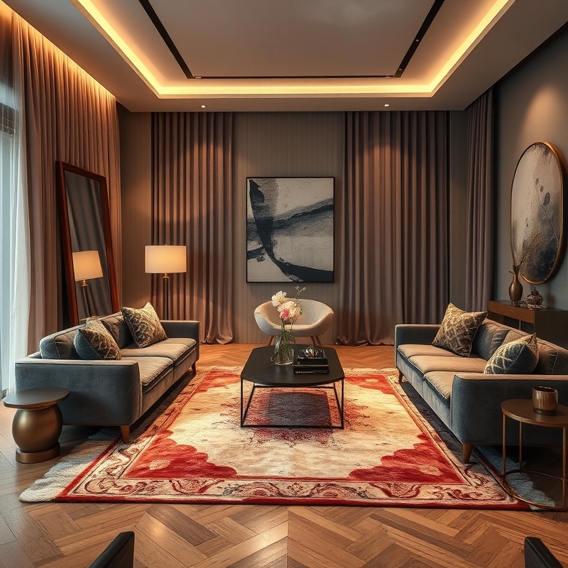 Luxurious apartment living room with layered textures and elegant styling