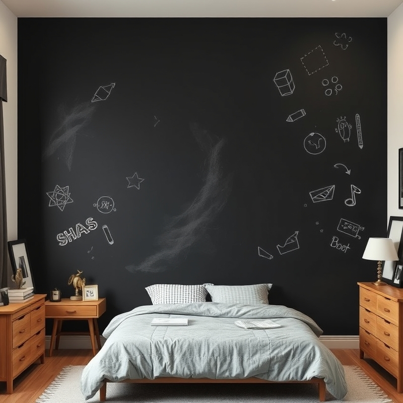 One wall painted in matte chalkboard finish