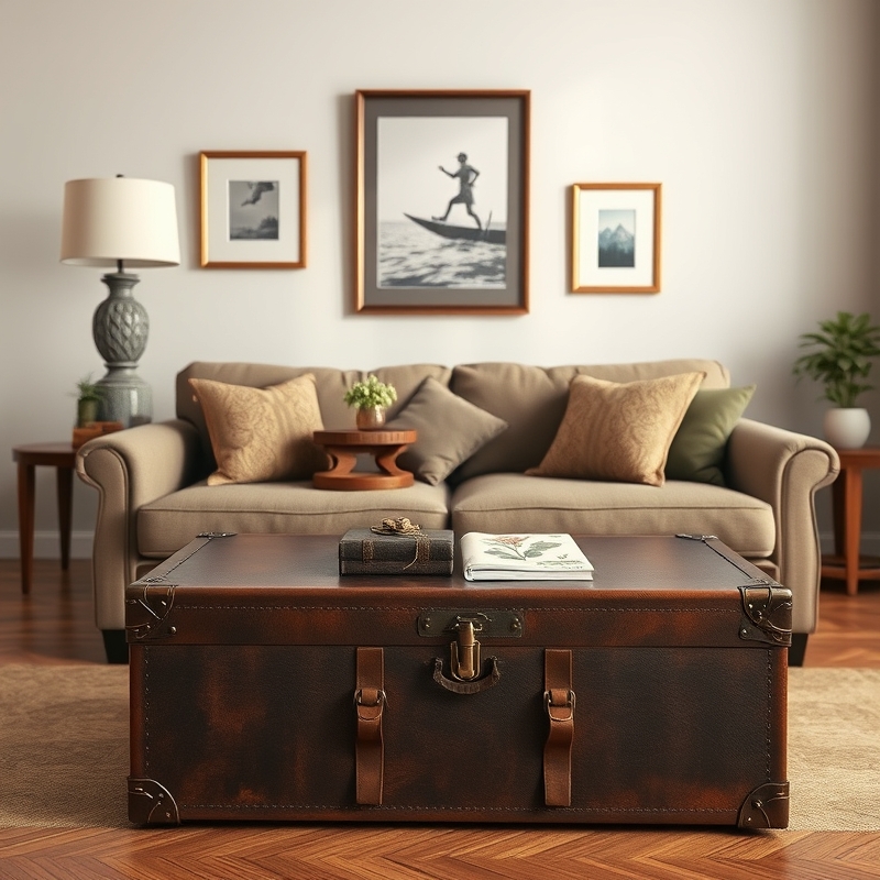 Antique leather trunk styled as coffee table in small living room