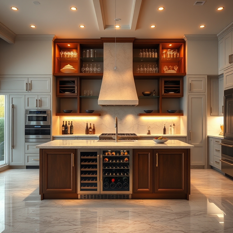 Kitchen island with built-in wine cooler and beverage center with glassware storage