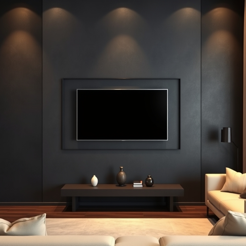 Dark charcoal wall with integrated television panel design