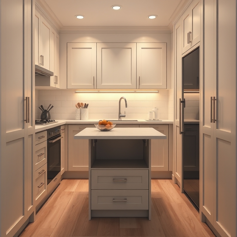 Compact island with hinged fold-down surface for small kitchens
