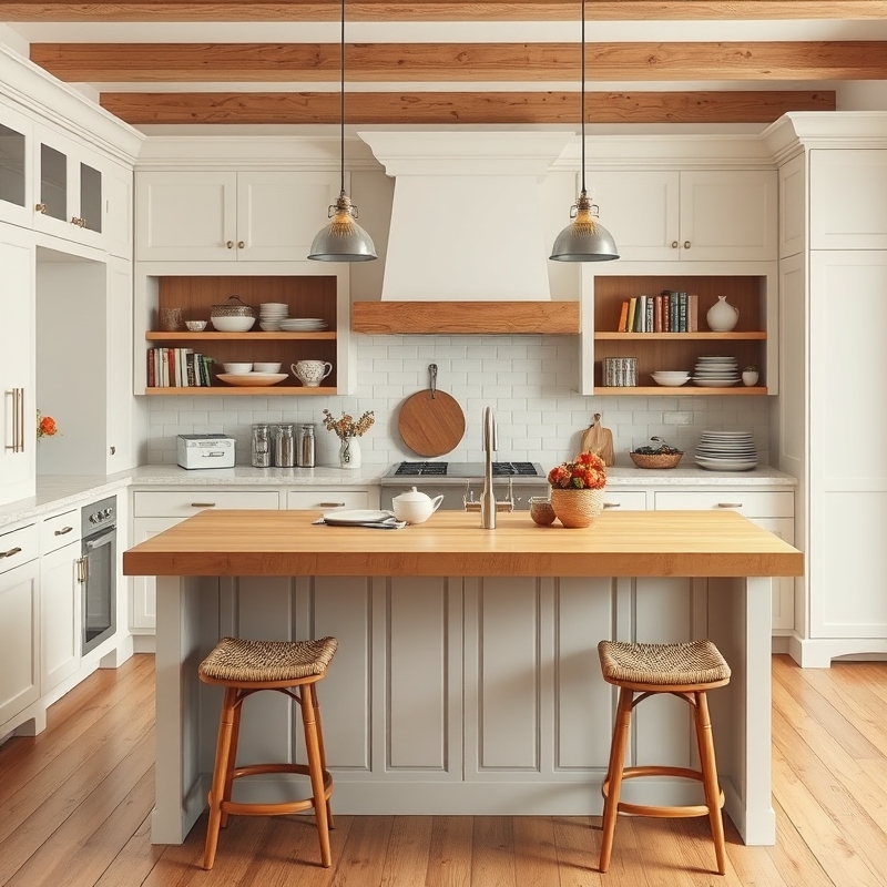 Warm wood butcher block island with exposed shelves for cookbooks