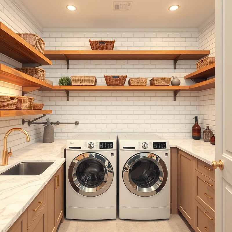 Modern laundry room with marble countertops and open shelving