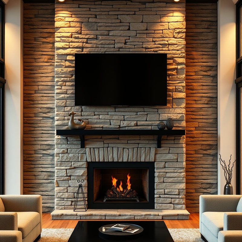 Industrial black steel mantel on stacked stone fireplace