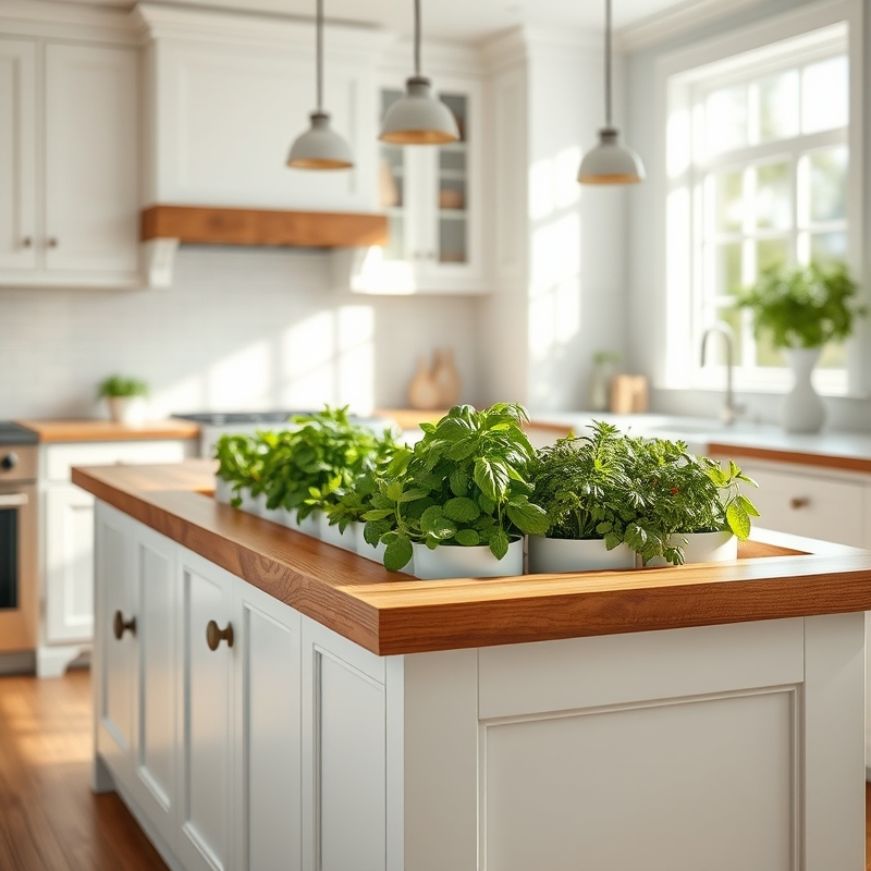 Kitchen island with integrated planter box growing fresh basil and herbs