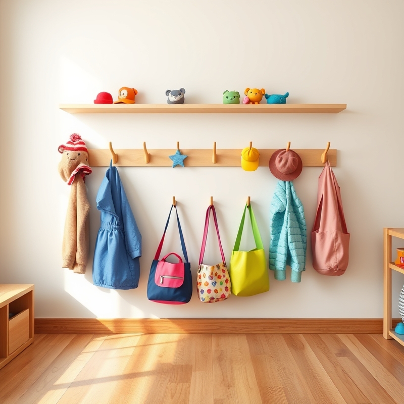 Low wall hooks holding coats and personal items
