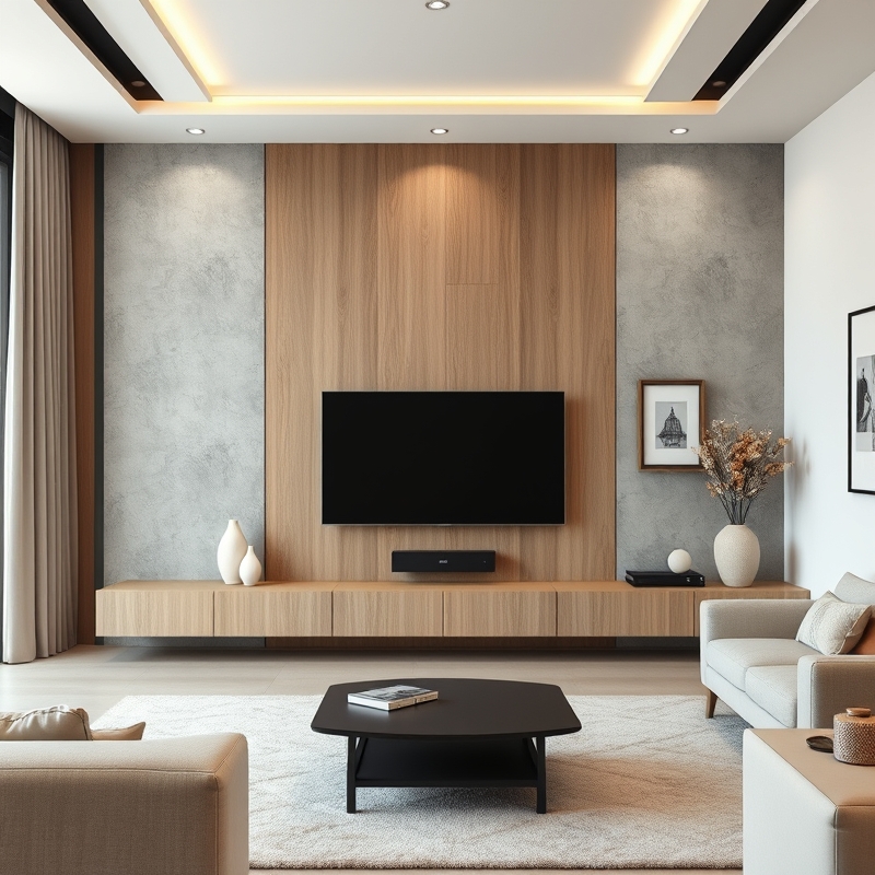 Minimalist living room with sleek TV wall design
