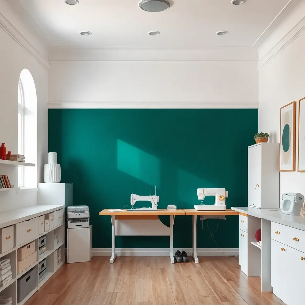 Sewing room wall painted deep emerald green with white trim and shelving