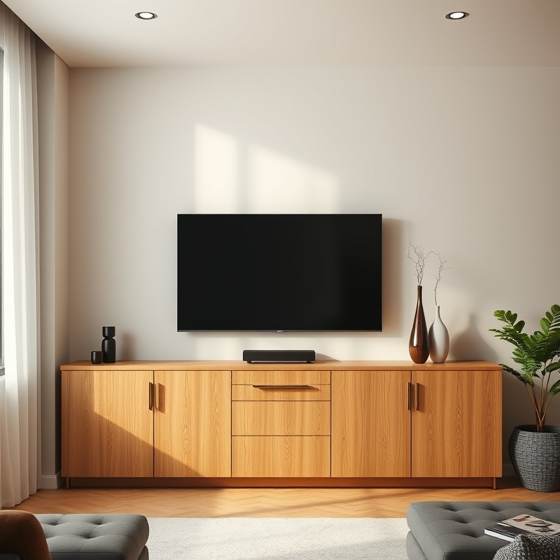 Built-in warm oak cabinets beneath wall-mounted television