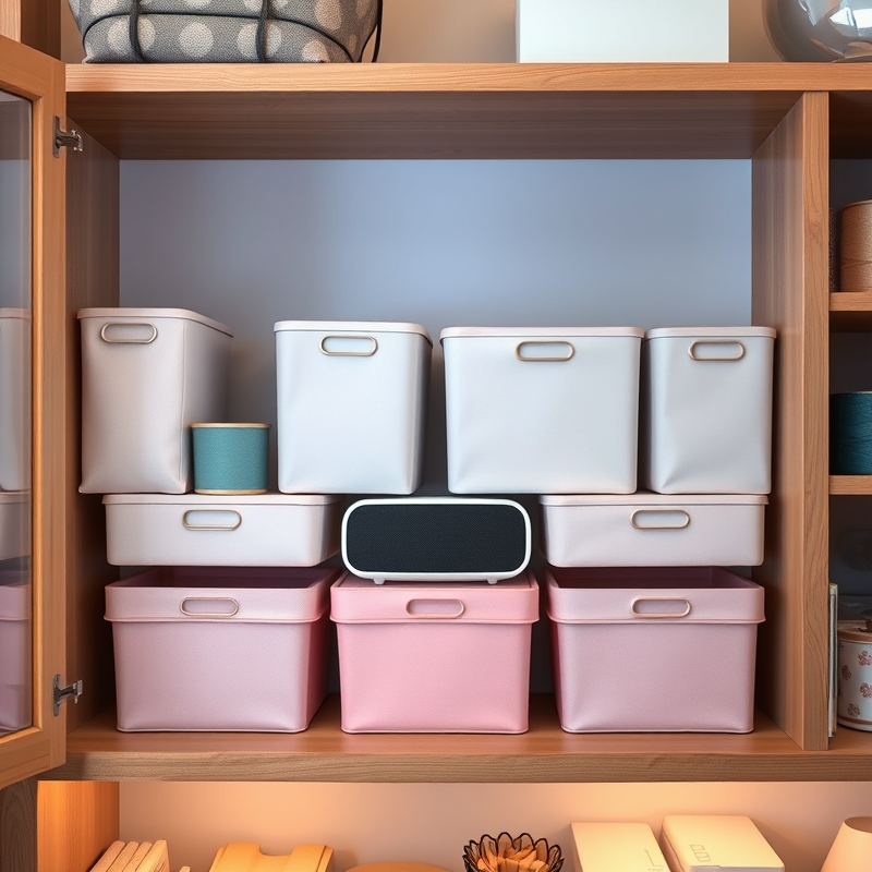 Small Bluetooth speaker nestled between fabric storage boxes on shelf