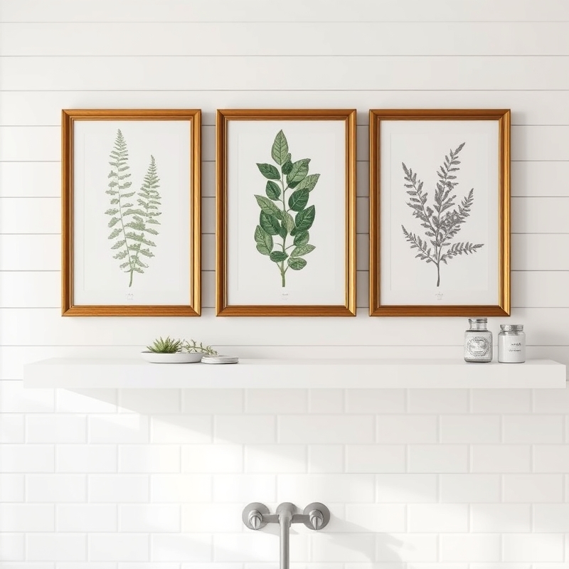 Set of three framed botanical prints in gold frames on bathroom wall