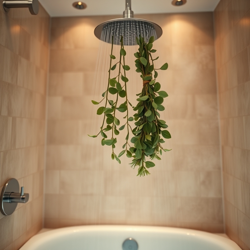 Fresh eucalyptus bundles hanging from shower head
