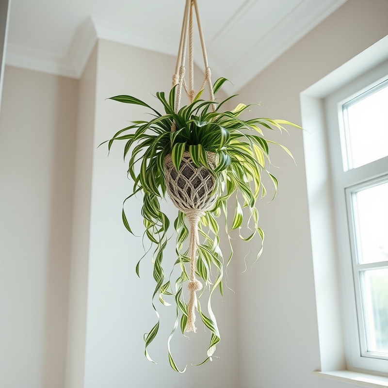Cream macrame plant hanger with trailing spider plant