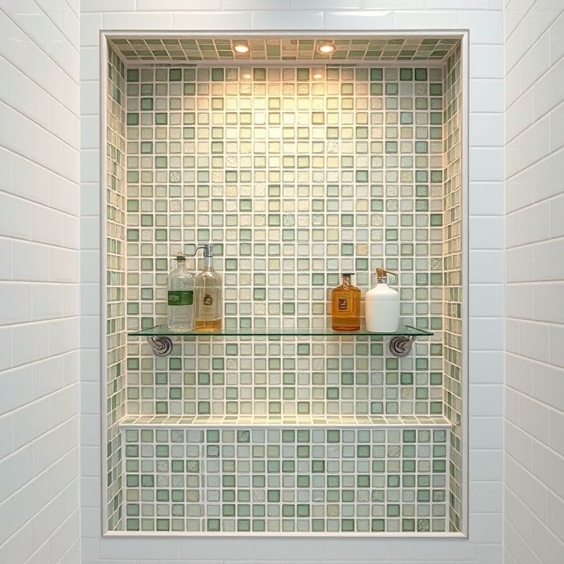 Bathroom shower niche with sage green mosaic tile interior